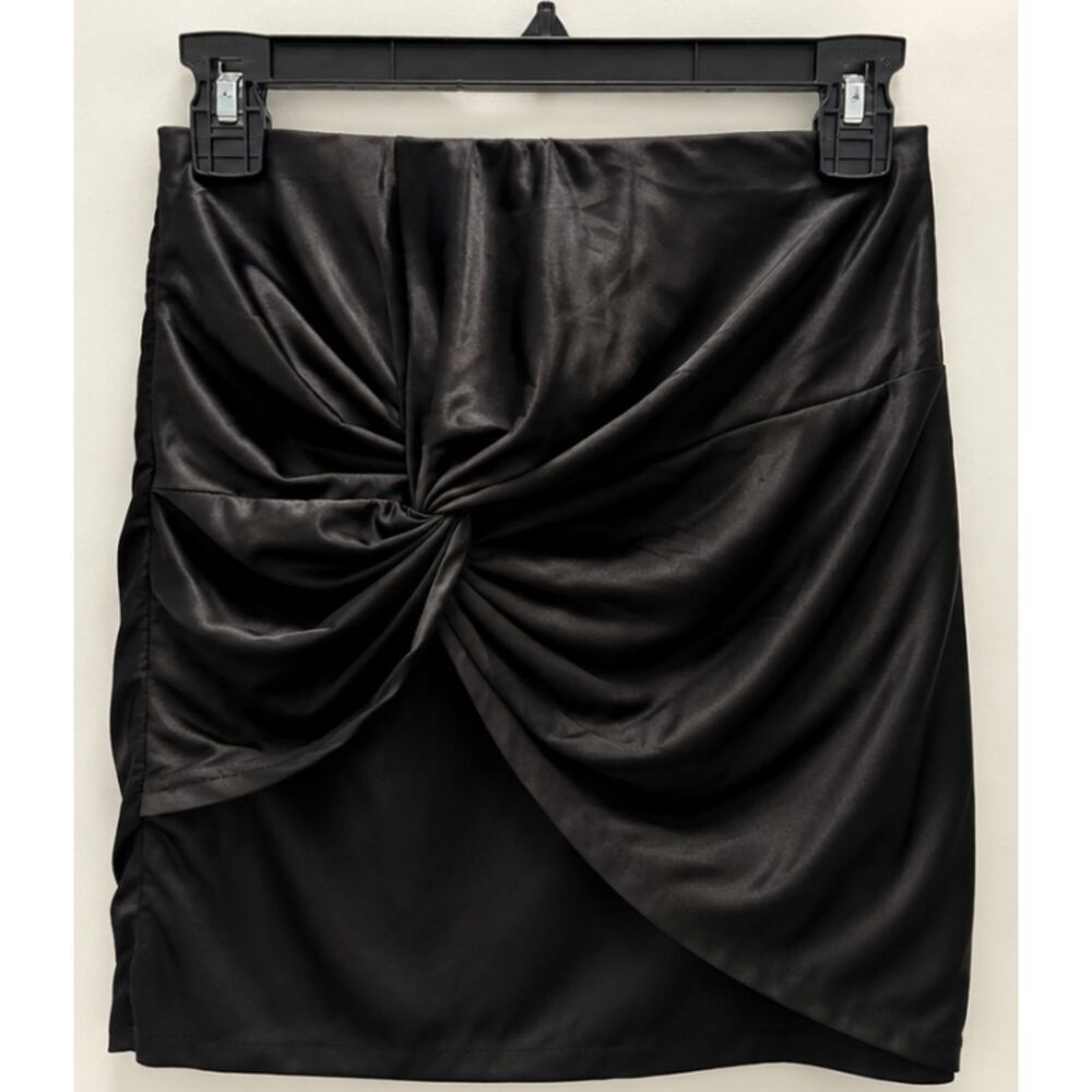 Showpo Women's US 6 Black Satin Mini Skirt Twist Front Ruched Draped Party Small